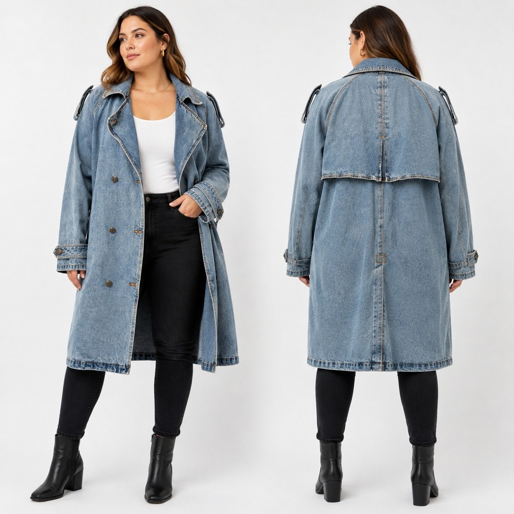 Komitor Denim Trench Coat Double Breasted Oklahoma Buttons Womens Blue 2XL